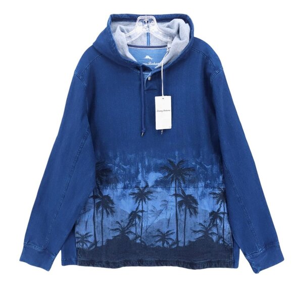 NWT TOMMY BAHAMA Palm Flurry Baja Hoodie Indigo Blue Hawaiian Palm Print Stretch